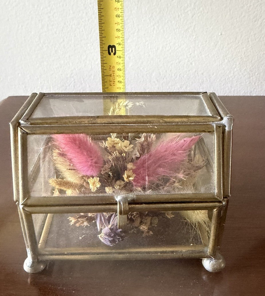 Vintage Brass Glass Display Box Hinged Lid Flower Preserve Trinket Jewelry Case