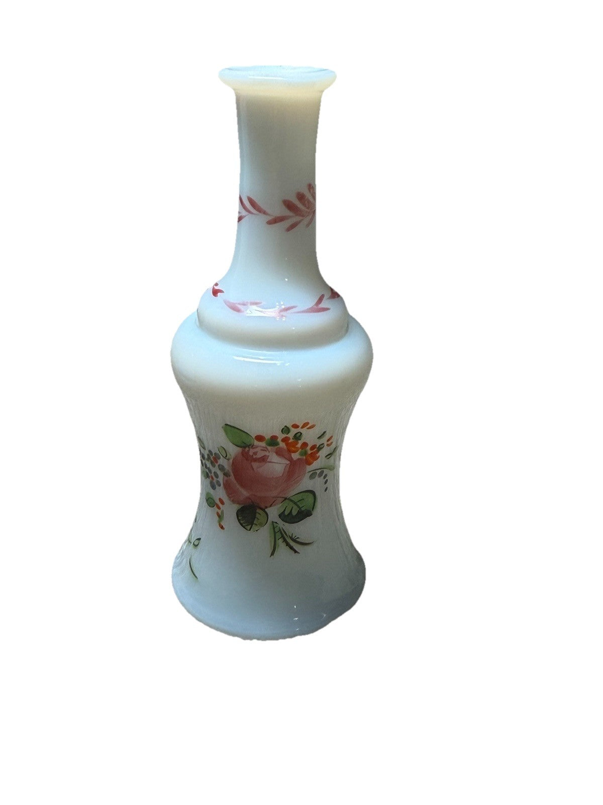 Vintage Milk Glass Perfume Bottle Hand Painted Floral 5" No Stopper