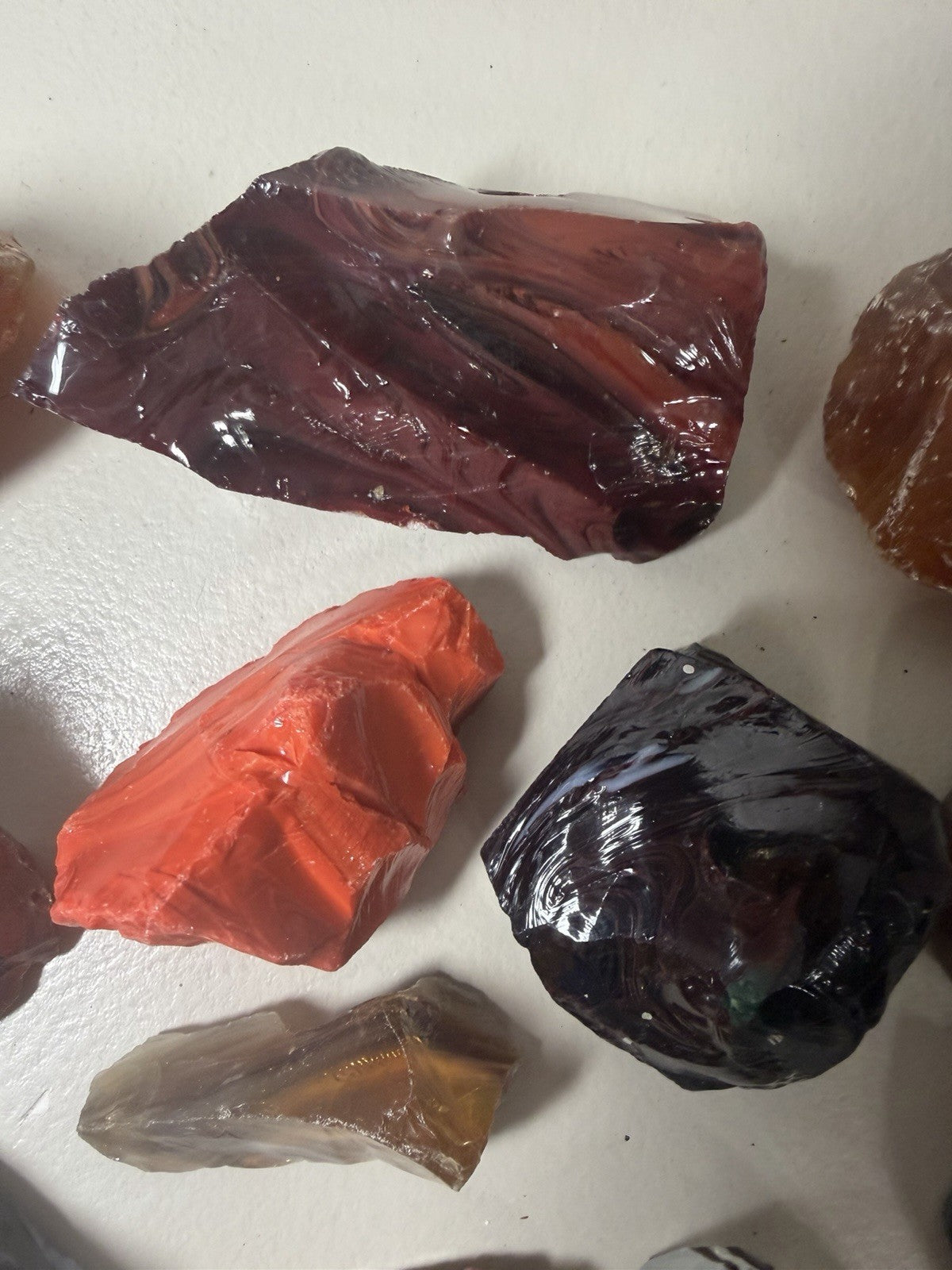 Raw Slag Glass Cullet Chunks Red Amber Yellow Orange Black Stones Lot of 12