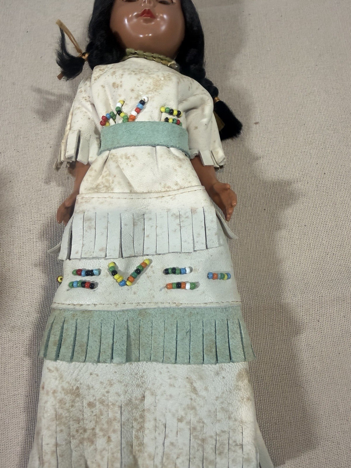 Vintage Native American Doll Sleepy Eyes Leather Beaded Dress 10"