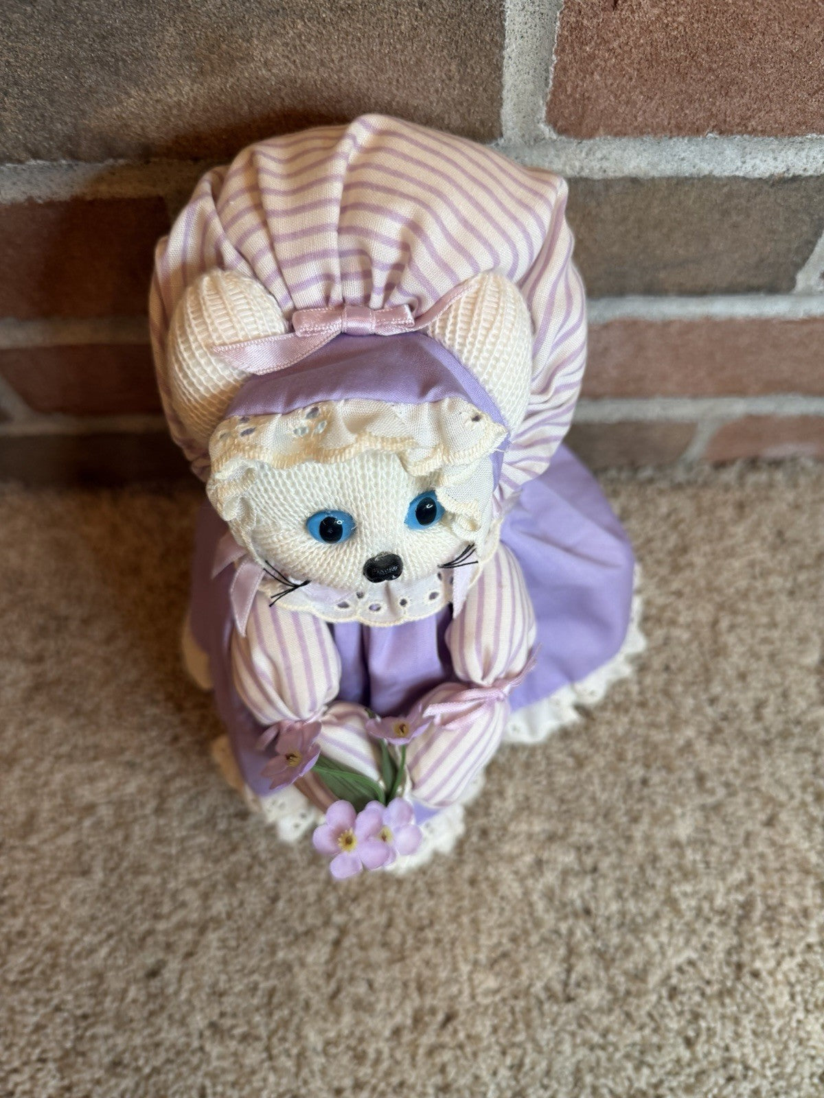 Vintage Handmade Knit Cat Doll Plush Purple Dress Bonnet Flowers Stuffed Animal