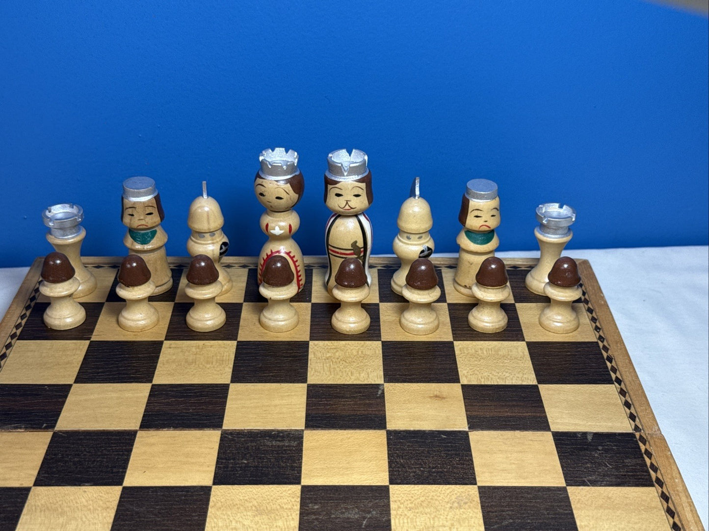 Vintage Japanese Kokeshi Wood Chess Set Hand Painted Pieces Folding Board Boxes
