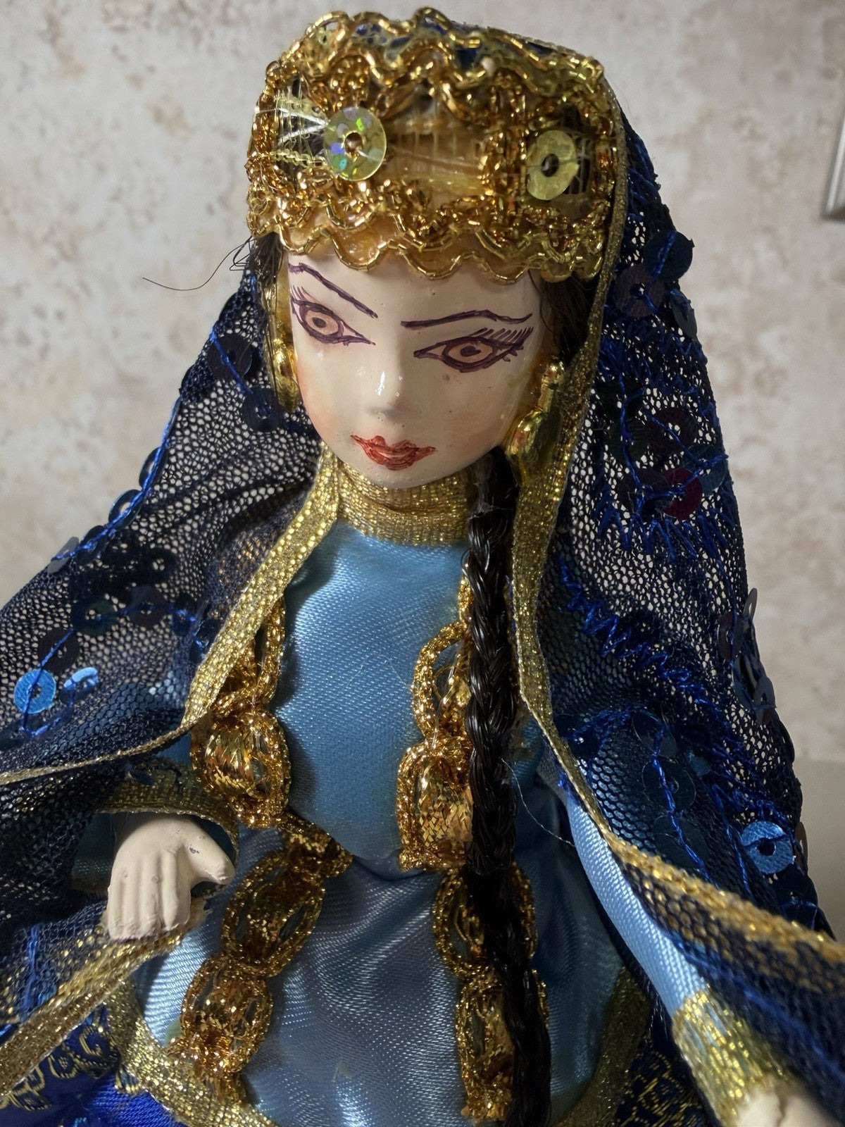 Vintage Handmade Cultural Cloth Dolls Pair Gold Trim Embroidered Folk Art