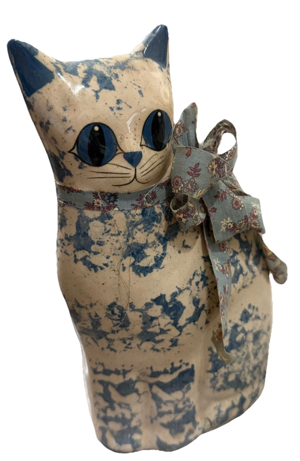 Katy’s “Country Charm” Ceramic Cat Figurine by Karen, blue floral pattern