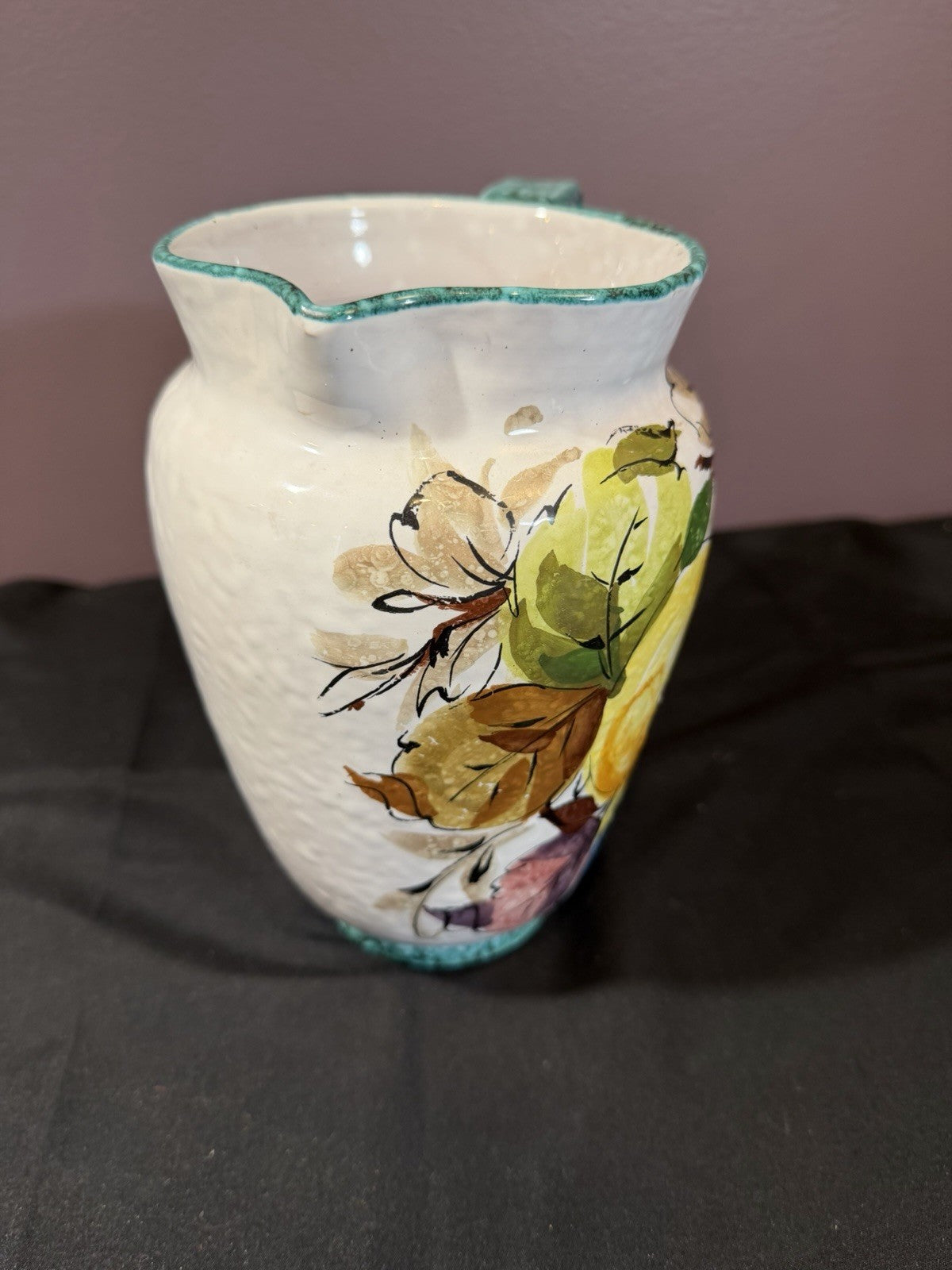 Vintage 1960s Italian Sgraffito Ceramic Pitcher Hand Painted Fruit 8"