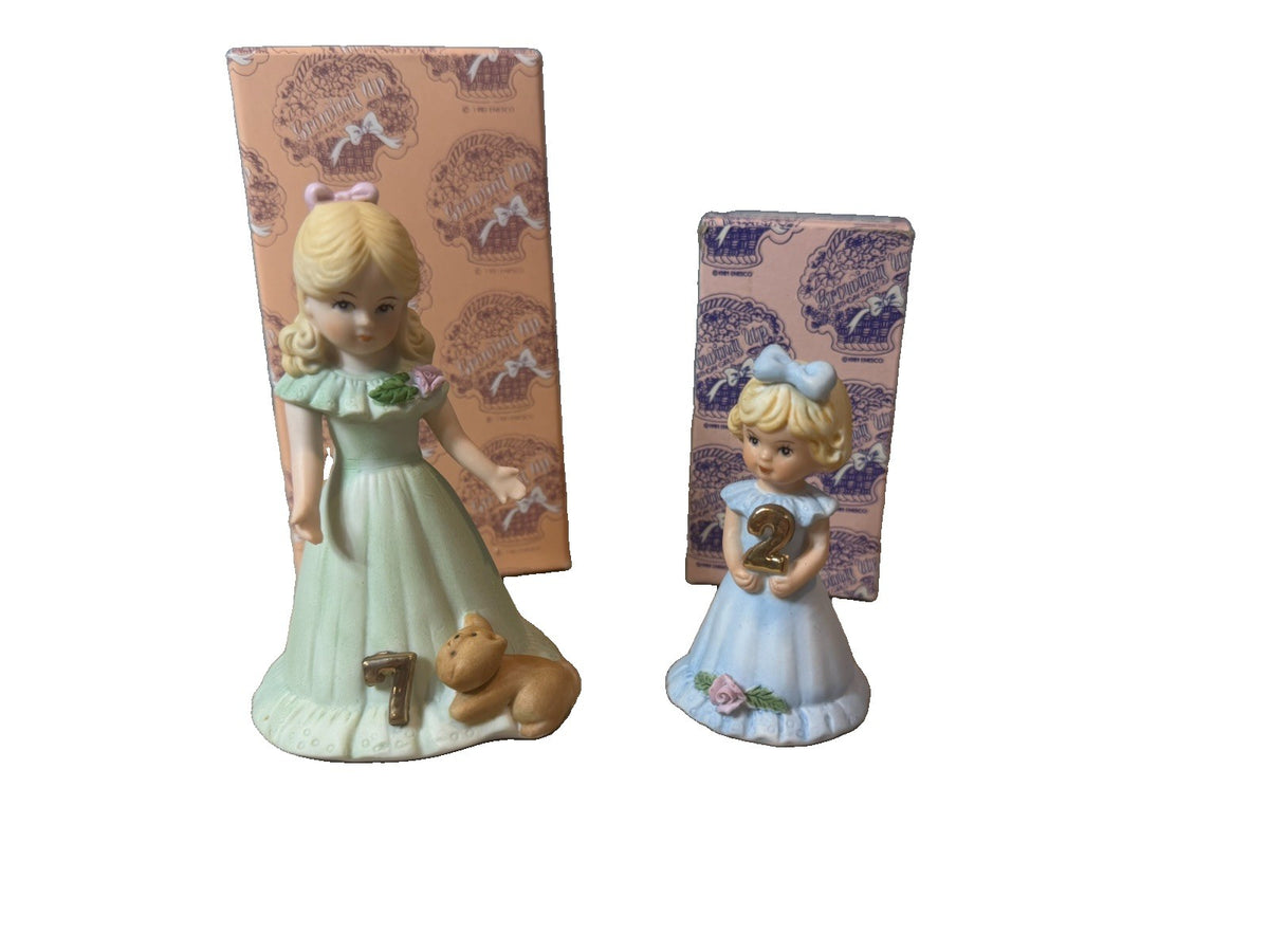 Enesco Growing Up Birthday Girls Figurines Age 2 & Age 7 Blonde with Boxes 1981