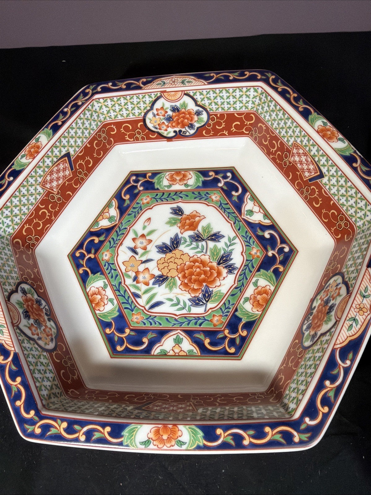 1982 Japanese Imari Porcelain Hexagonal Bowls Set 10” 8” Mann