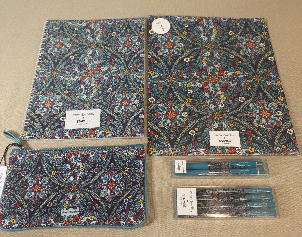 Vera Bradley Kaleidoscope Navy Stationery Notebook Folders Pens Pouch Staples