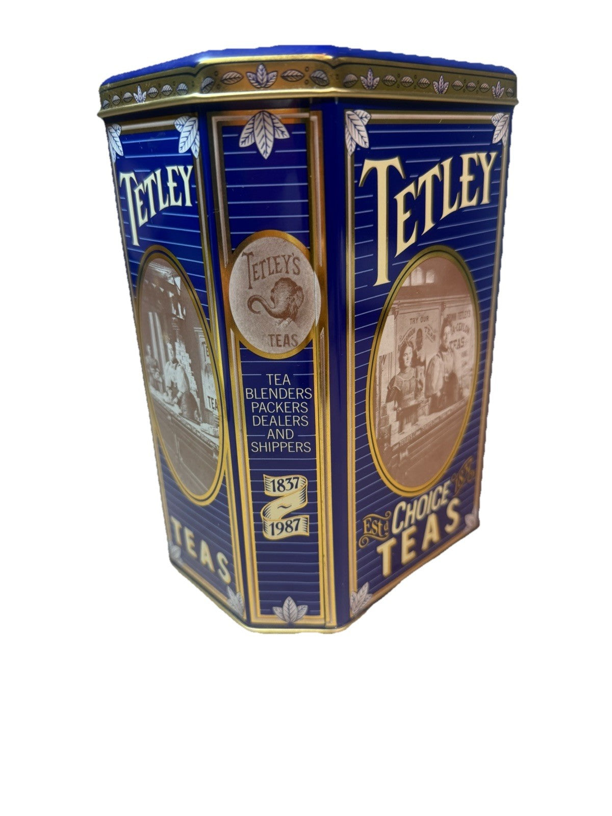 Vintage Tetley Tea Tin England 1837 1987 Blue Advertising Canister 7.5"x4"