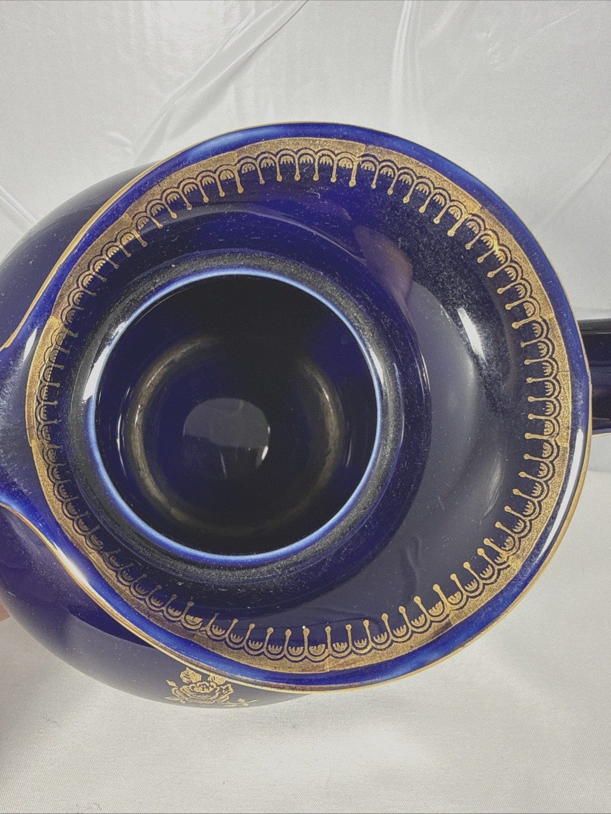 Vintage Hall Blue Ceramic Teapot Gold Trim Floral Mid Century Style