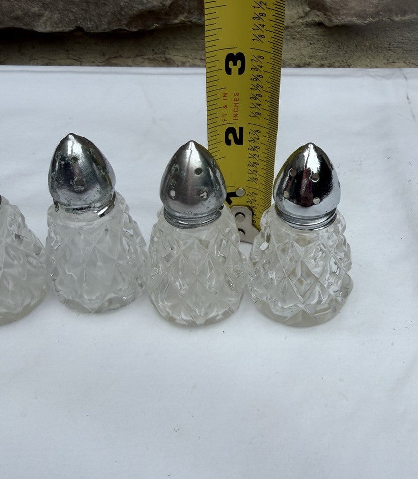 Vintage Mini Lead Crystal Cut Glass Salt Pepper Shakers Lot of 4 Metal Lids