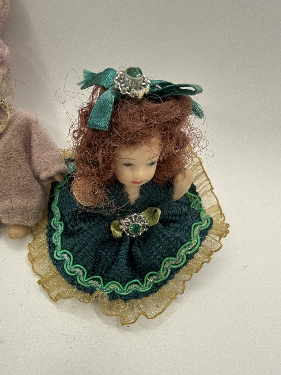 Vintage Porcelain Doll Figurines Lot of 2 Bunny Outfit Emerald Green Lilac 2"
