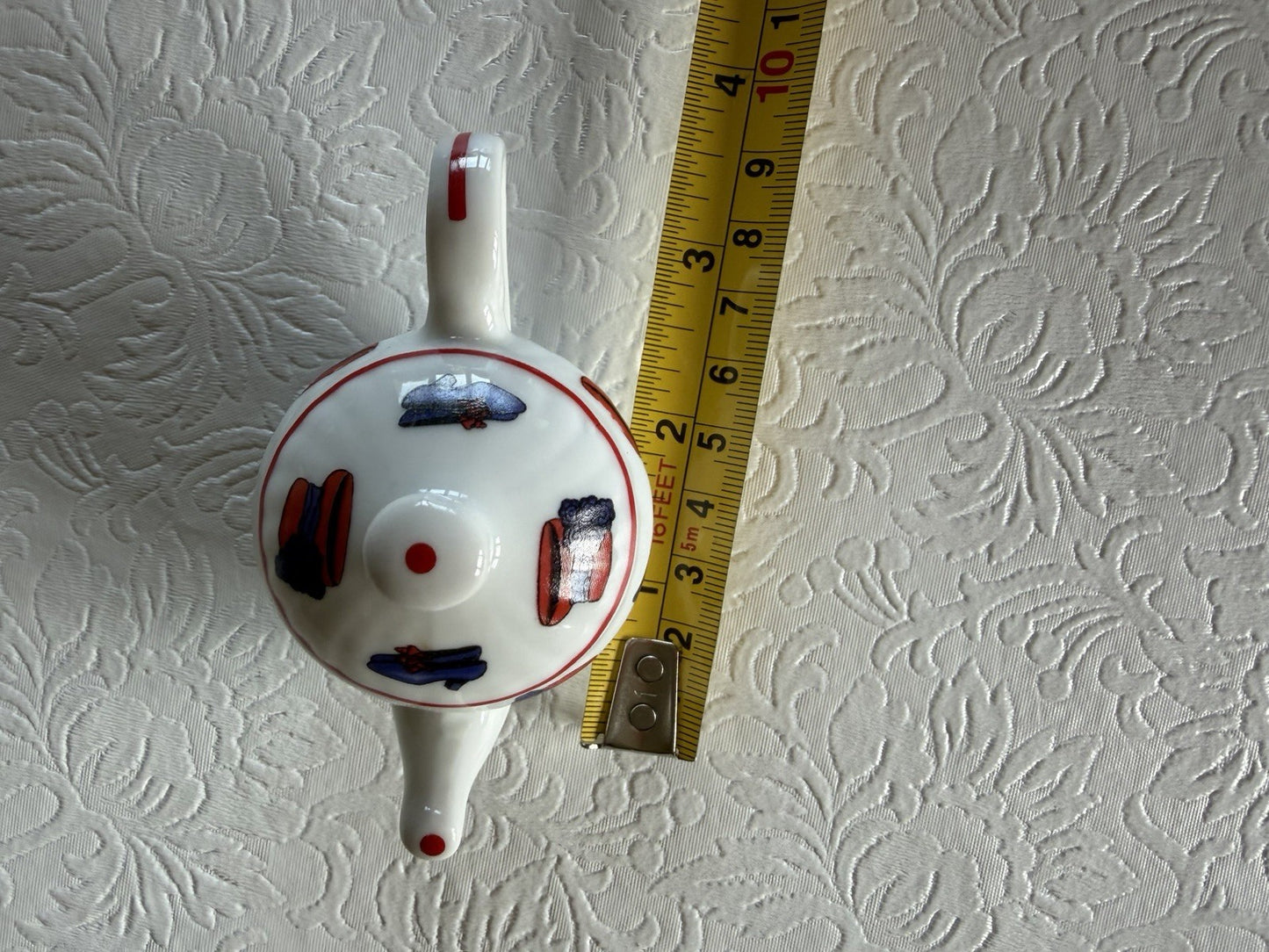 Red Hat Society Miniature Ceramic Teapot Ornament Red Purple Motif Collectible