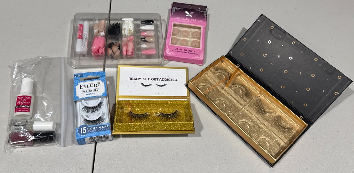 Lot of Fake Nails and Eye Lashes Beauty Bundle Assorted