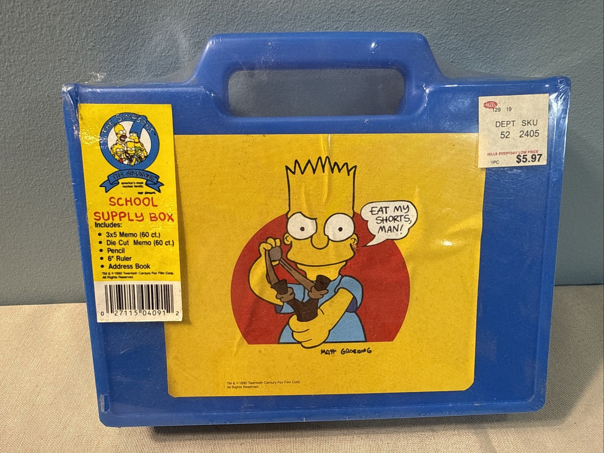 Vintage 1990 The Simpsons School Supply Box Blue Pencil Ruler Address Book Case