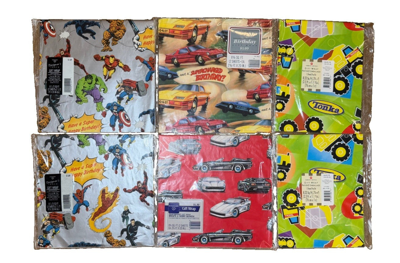 Vintage 1980s Gift Wrap Lot Marvel 1984 Tonka Sports Cars 6 Sealed Packs