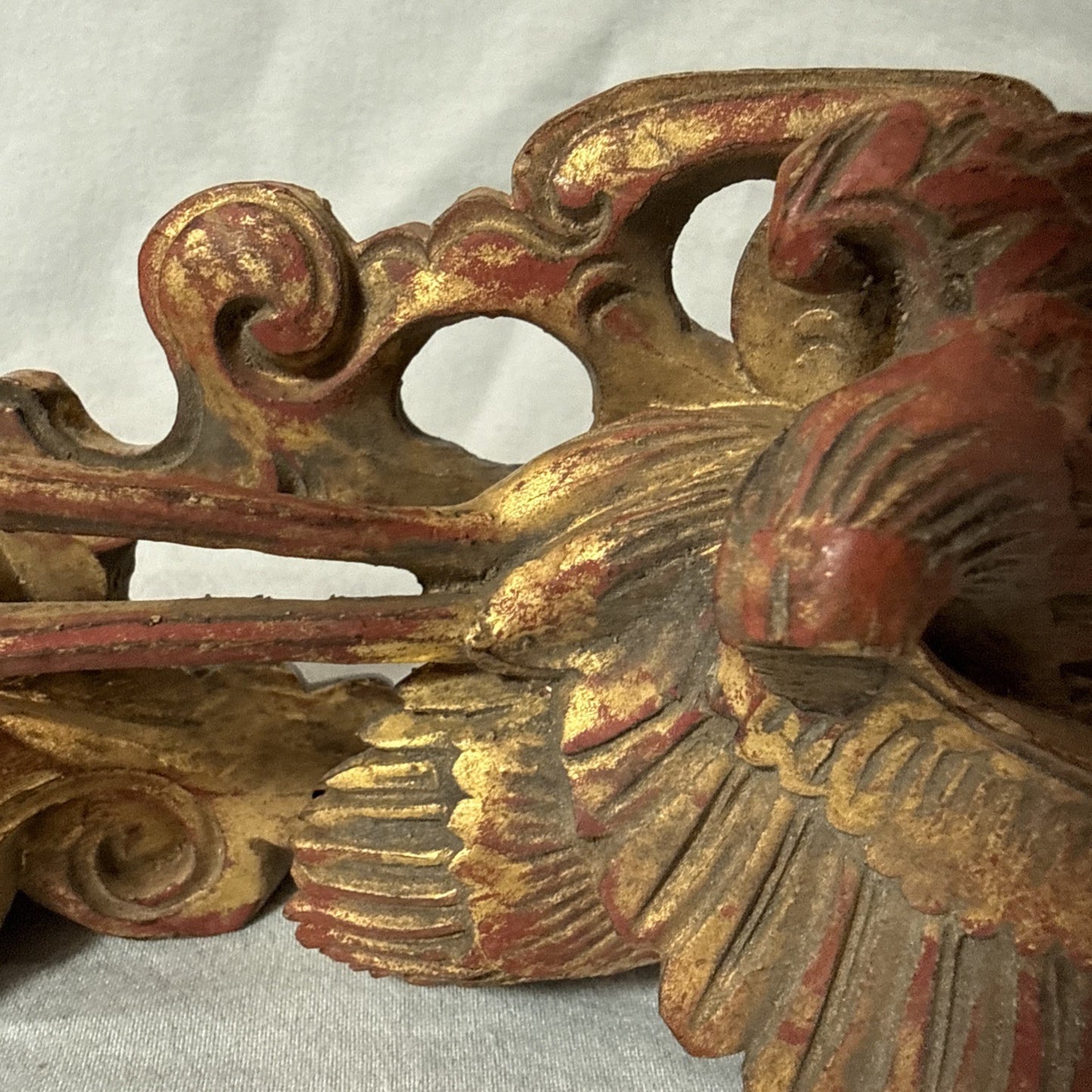 Antique Chinese Qing Dynasty Wood Temple  Red & Gilt Panel Dragon Fragment 7”x3”