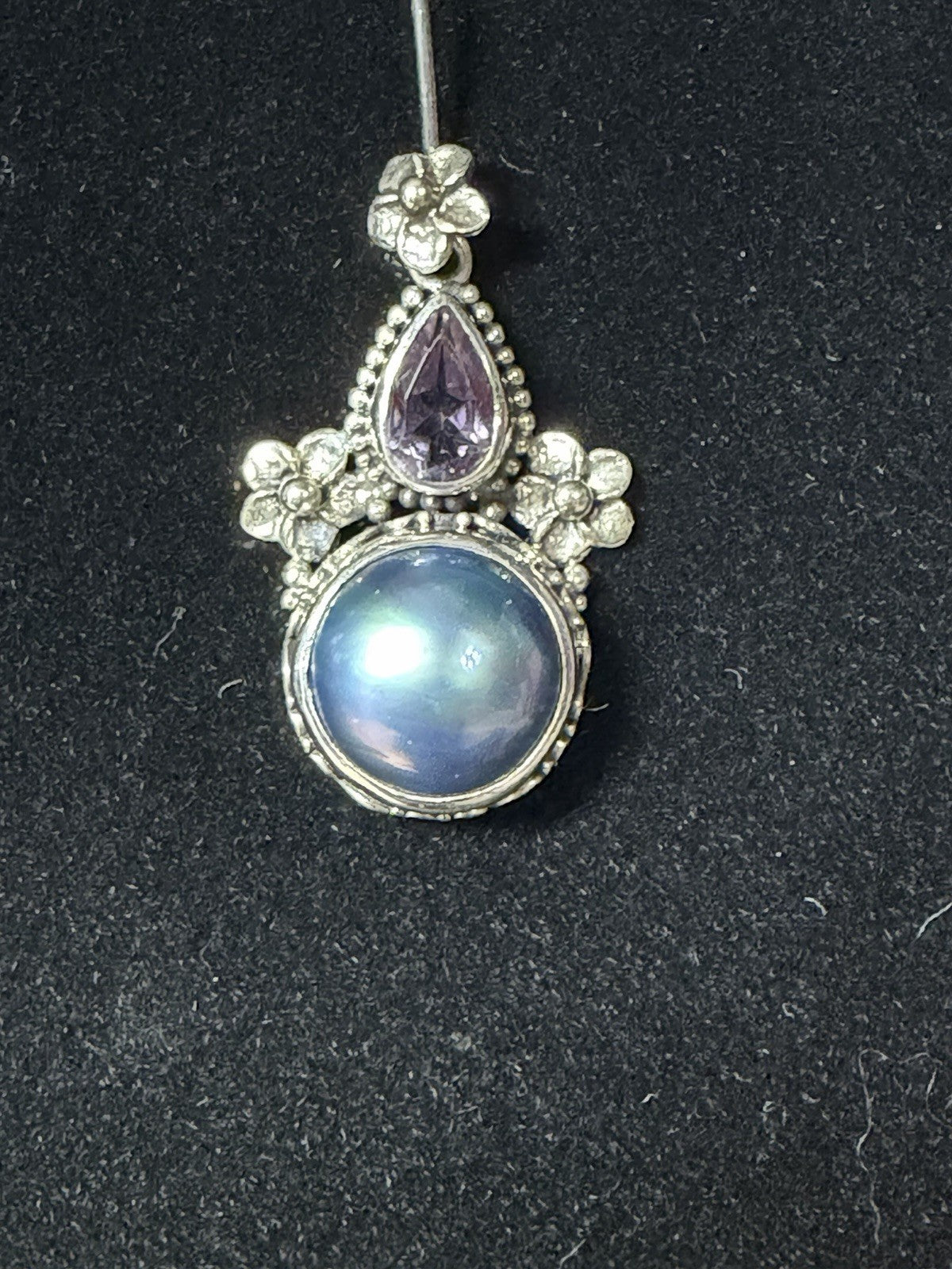 925 Sterling Silver Blue Pearl Amethyst Floral Dangle Earrings Indonesia