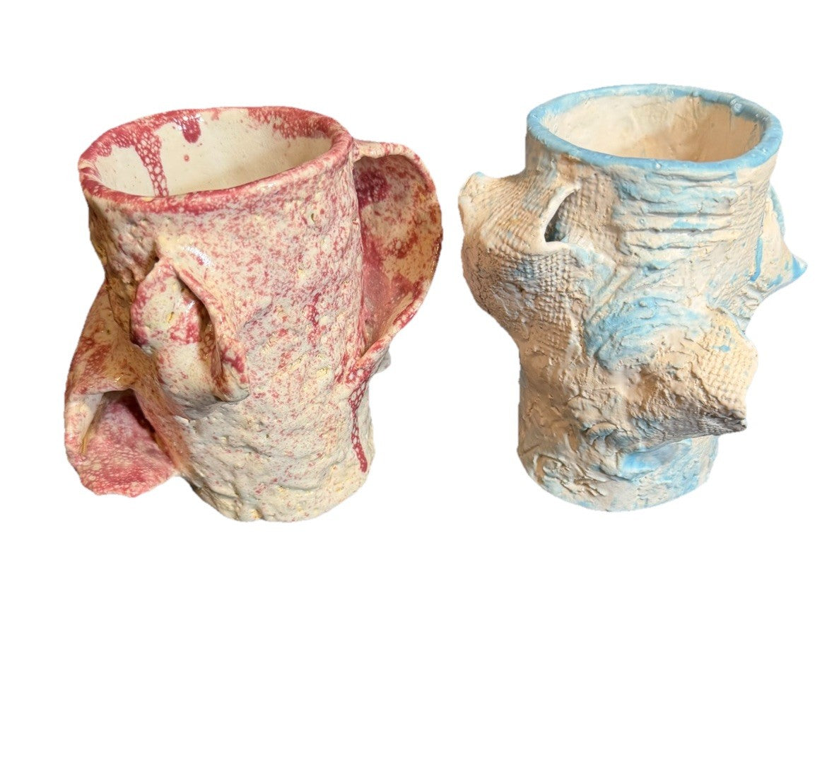 Handcrafted Ceramic Mugs Vases Set of 2 Blue Pink Decorative Cups 5"