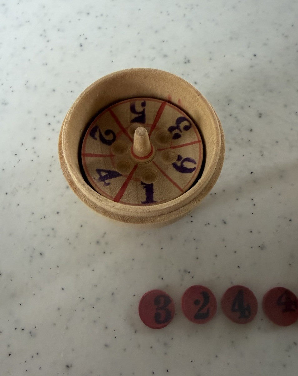 Vintage Wooden Barrel Spinning Game Parlor Game with Tokens & Top 2" Barrell