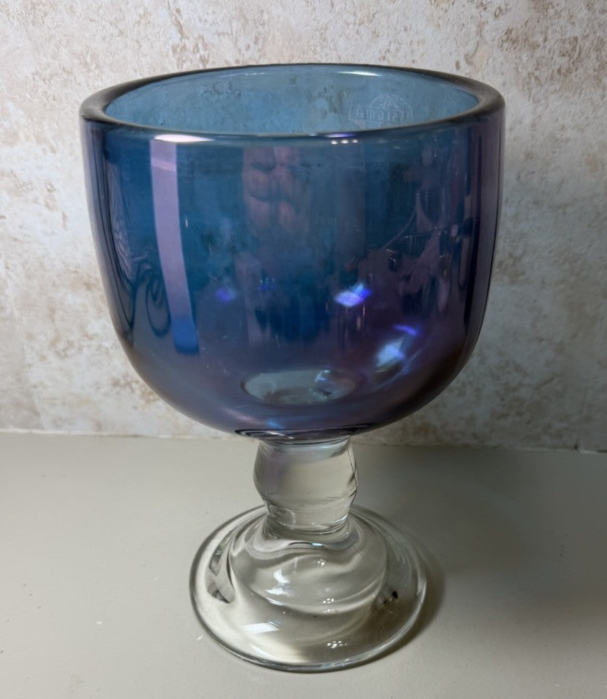 Vintage Sigma Alpha Rho Sorority Iridescent Blue Glass Goblet Chalice 8.5"