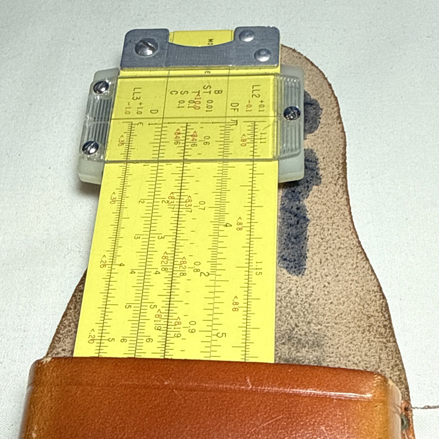 Vintage Pickett 12 Inch Metal Slide Rule Eye Saver Yellow Embossed Leather Case