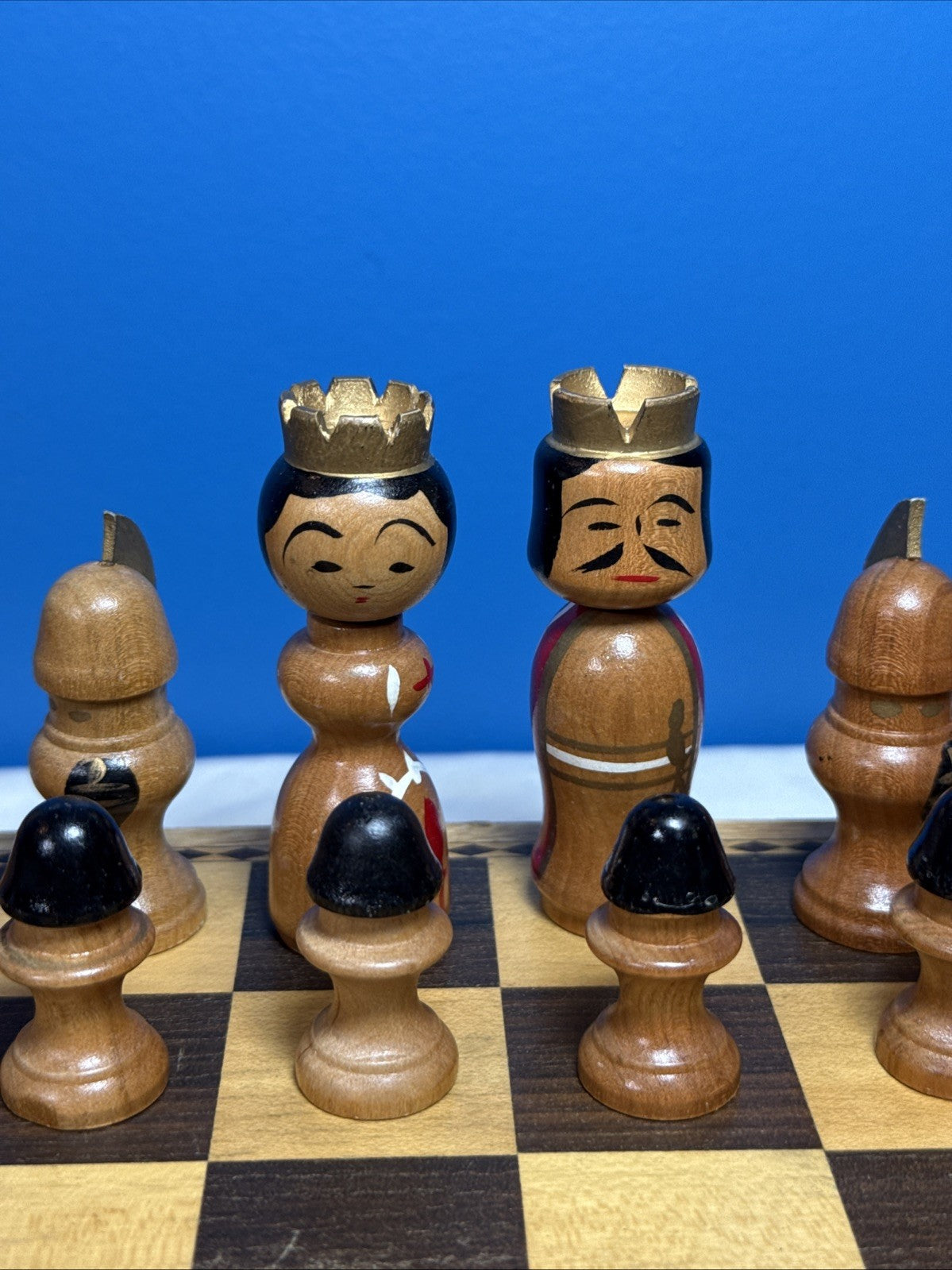 Vintage Japanese Kokeshi Wood Chess Set Hand Painted Pieces Folding Board Boxes