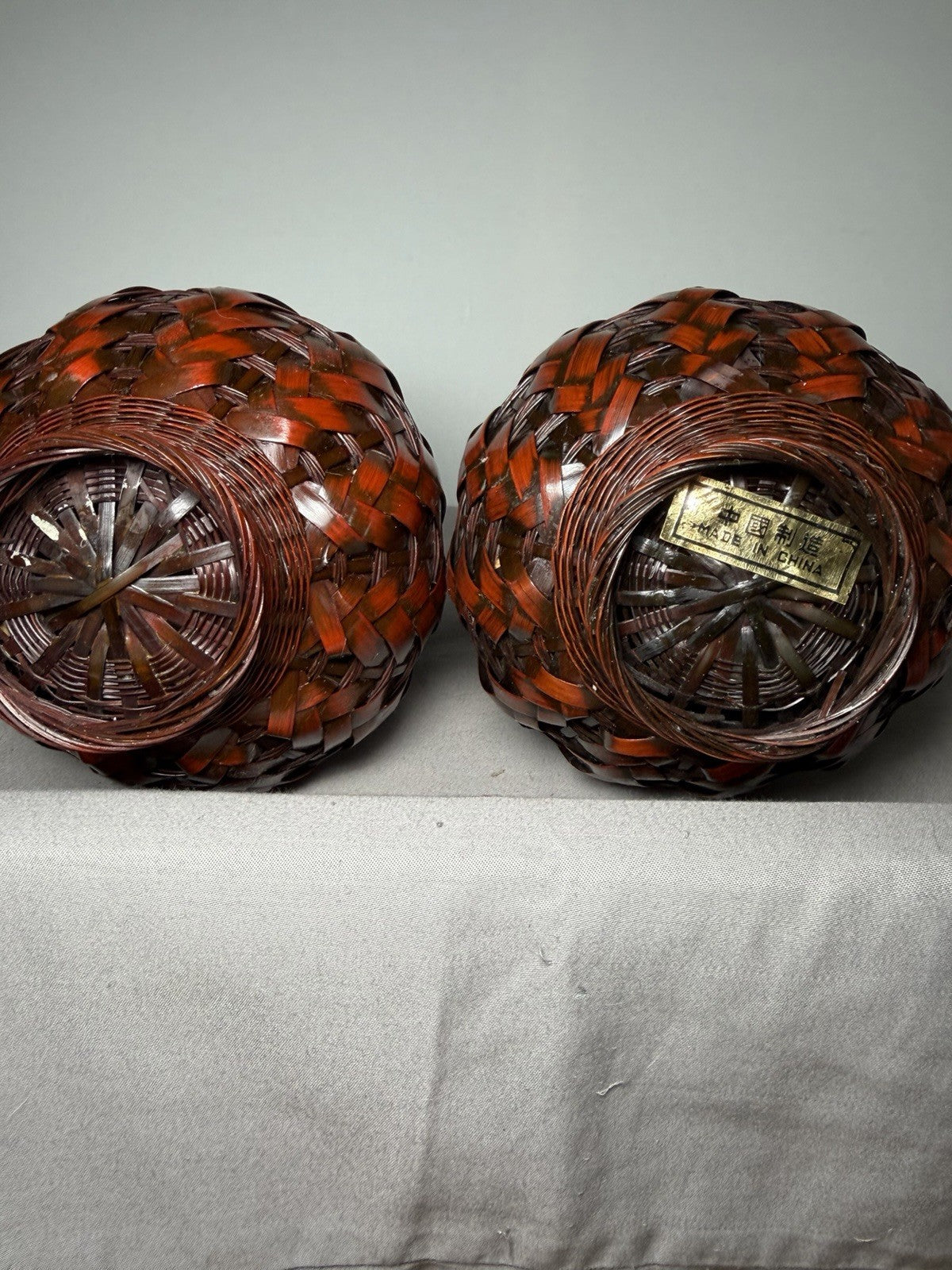 Vintage Japanese Ikebana Vase Bamboo Woven Pair Porcelain Inserts Set of 2