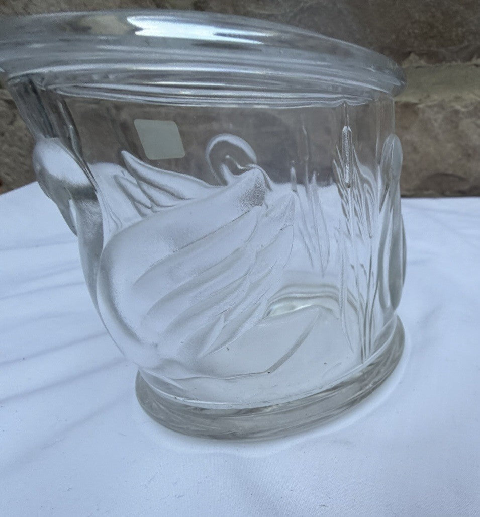 Vintage Teleflora Frosted Glass Swan Covered Jar with Lid Made in France Clear