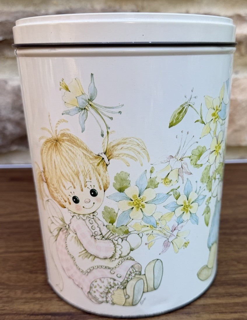 Vintage Hallmark Rag Dolls Tin Canister Cute Boy Girl Flowers Buttons Storage
