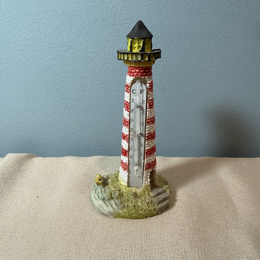 Vintage Lighthouse Figurine Thermometer 5 Inch Coastal Nautical Decor