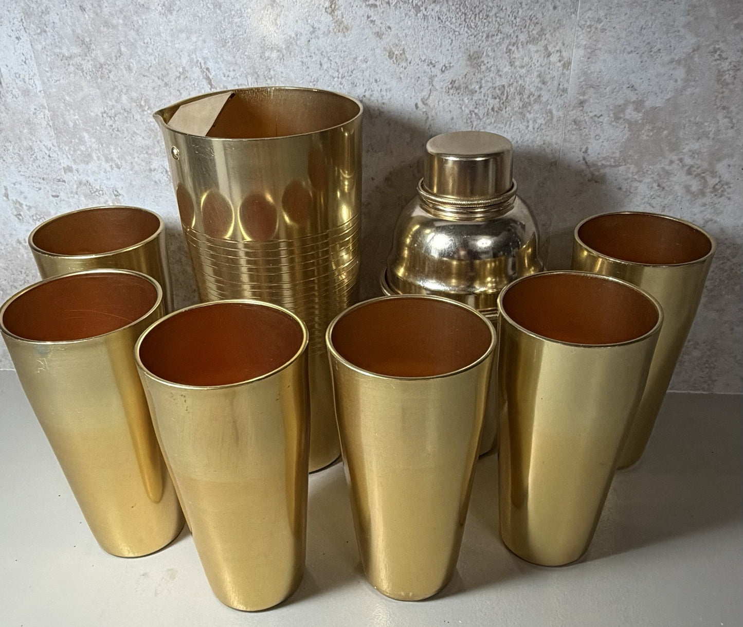 Vintage Italian Gold Tone Aluminum Barware Set Pitcher Shaker 6 Cups Made Italy