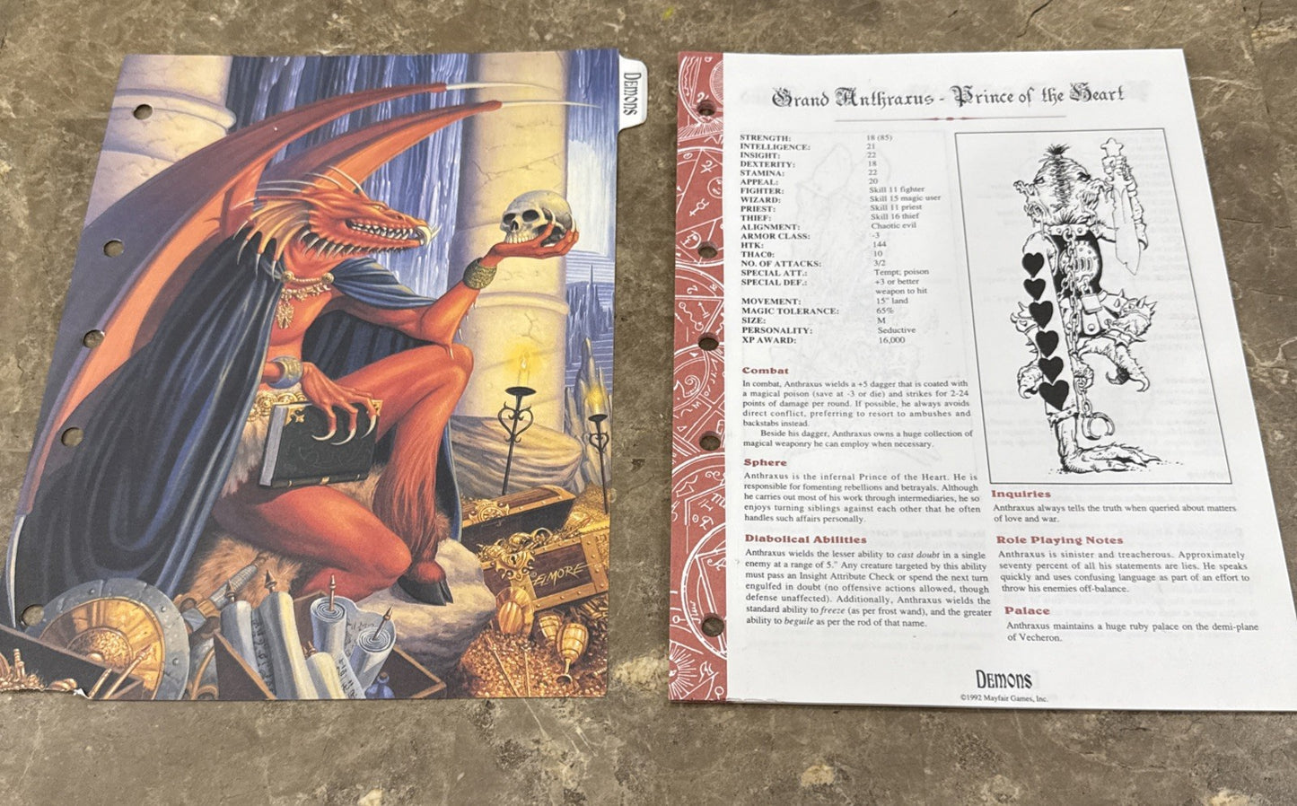 Vintage Mayfair Games Role Aids Demons #752 Complete 24 Loose Leaf Set & Divider