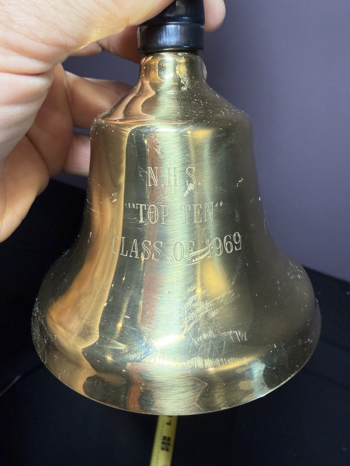 Vintage Brass Ceremonial Bell NHS Top Ten Class of 1969 Wooden Handle 7"