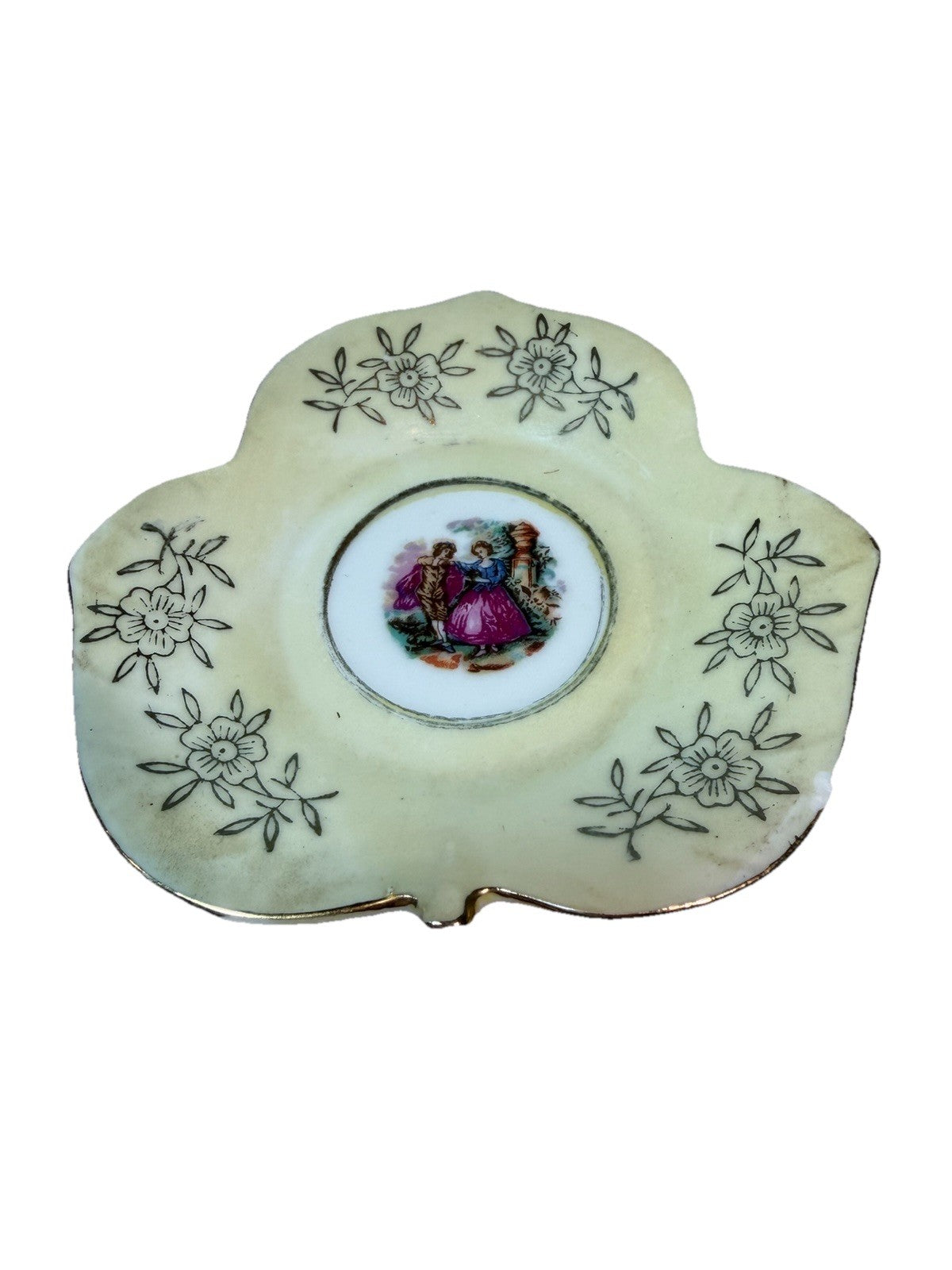 Vintage Yellow Lustreware Demitasse Cup Saucer Leaf Shape Couple Scene