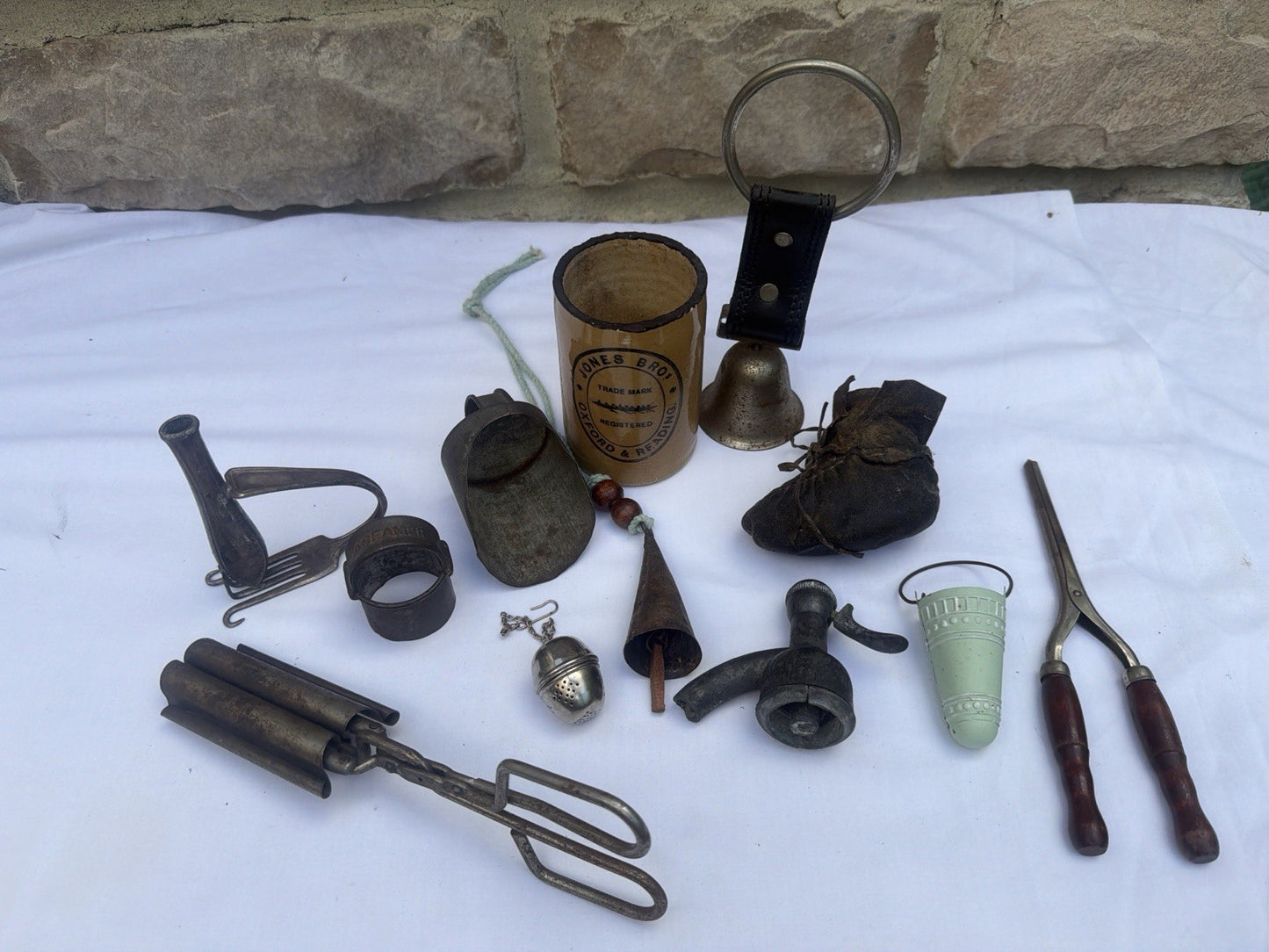 Vintage Primitive Farmhouse Tool Lot Jones Bros Stoneware Fluting Bell Scoop Iro