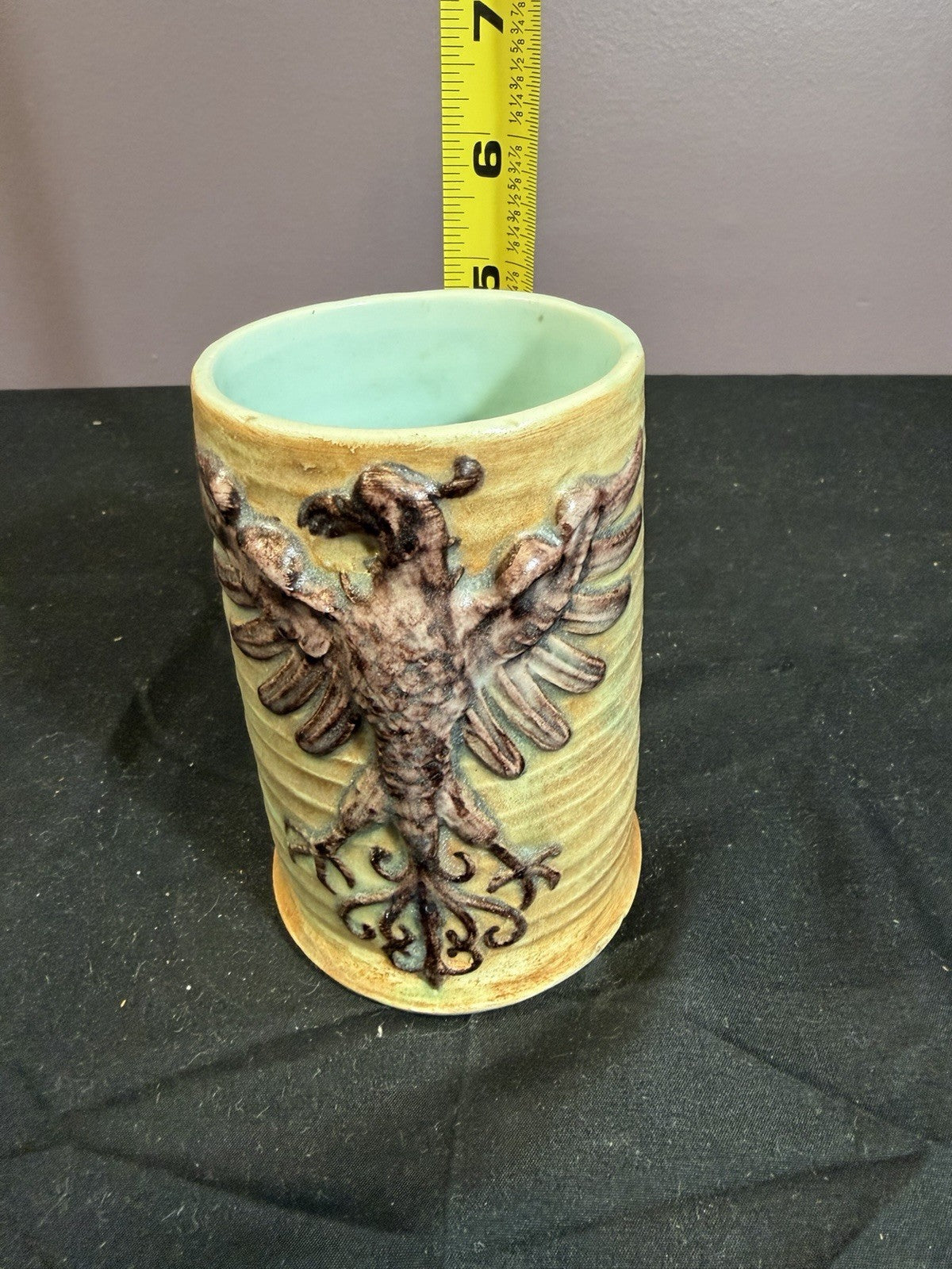 Vintage Hand Carved Stoneware Mug HeraldEagle Design Studio Pottery Spain 5"
