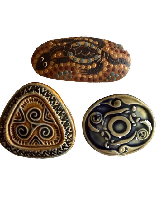 Handmade Ceramic Brooch Lot 3 Turtle Animal Abstract Pottery Pins Folk Jewelry