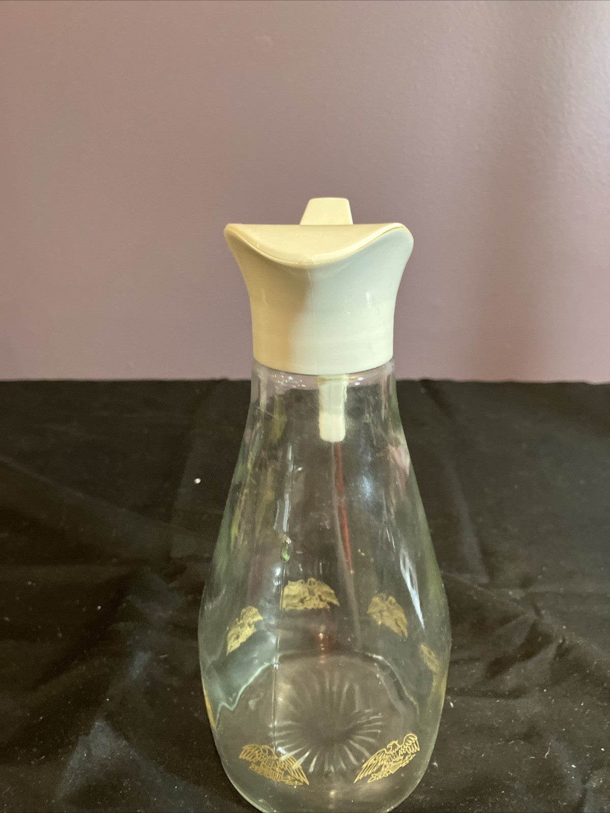 Vintage Log Cabin Syrup Pitcher Glass Bottle Gold Eagle Print