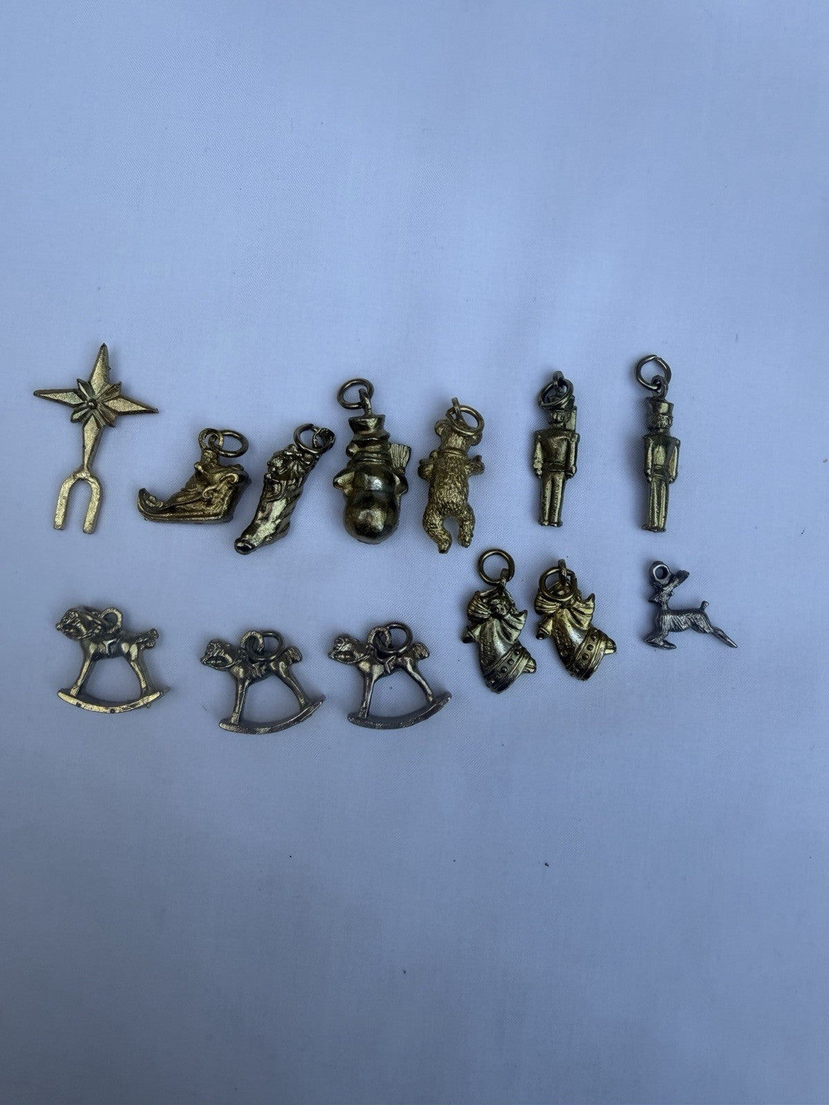 Vintage Solid Brass Christmas Ornament Lot of 13 Miniature Holiday Charms Tree D