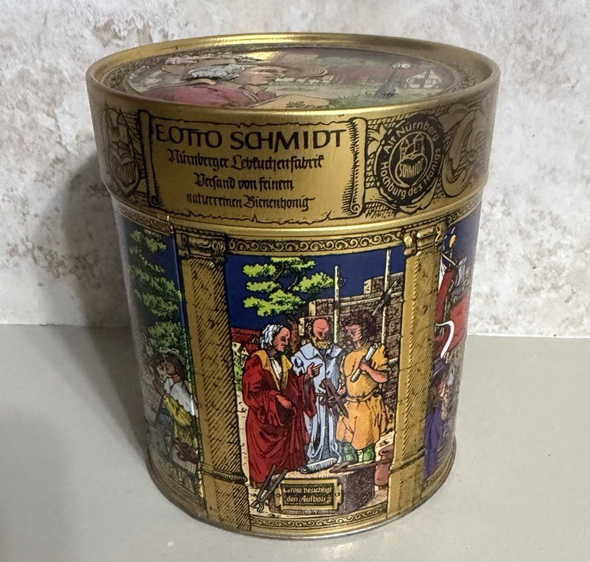 Vintage E Otto Schmidt Nuremberg Lebkuchen Tin 7" with Historical Insert
