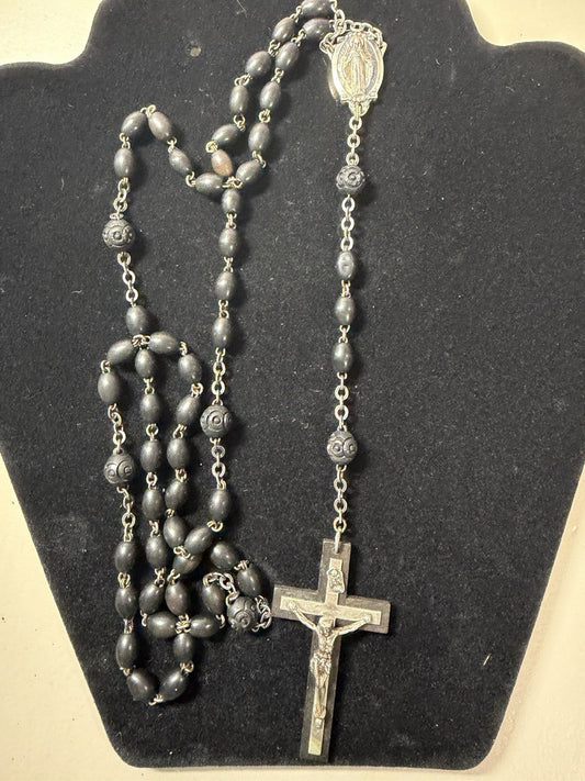 Vintage French Wood Rosary Beads Miraculous Medal Morocco Leather Case Catholic