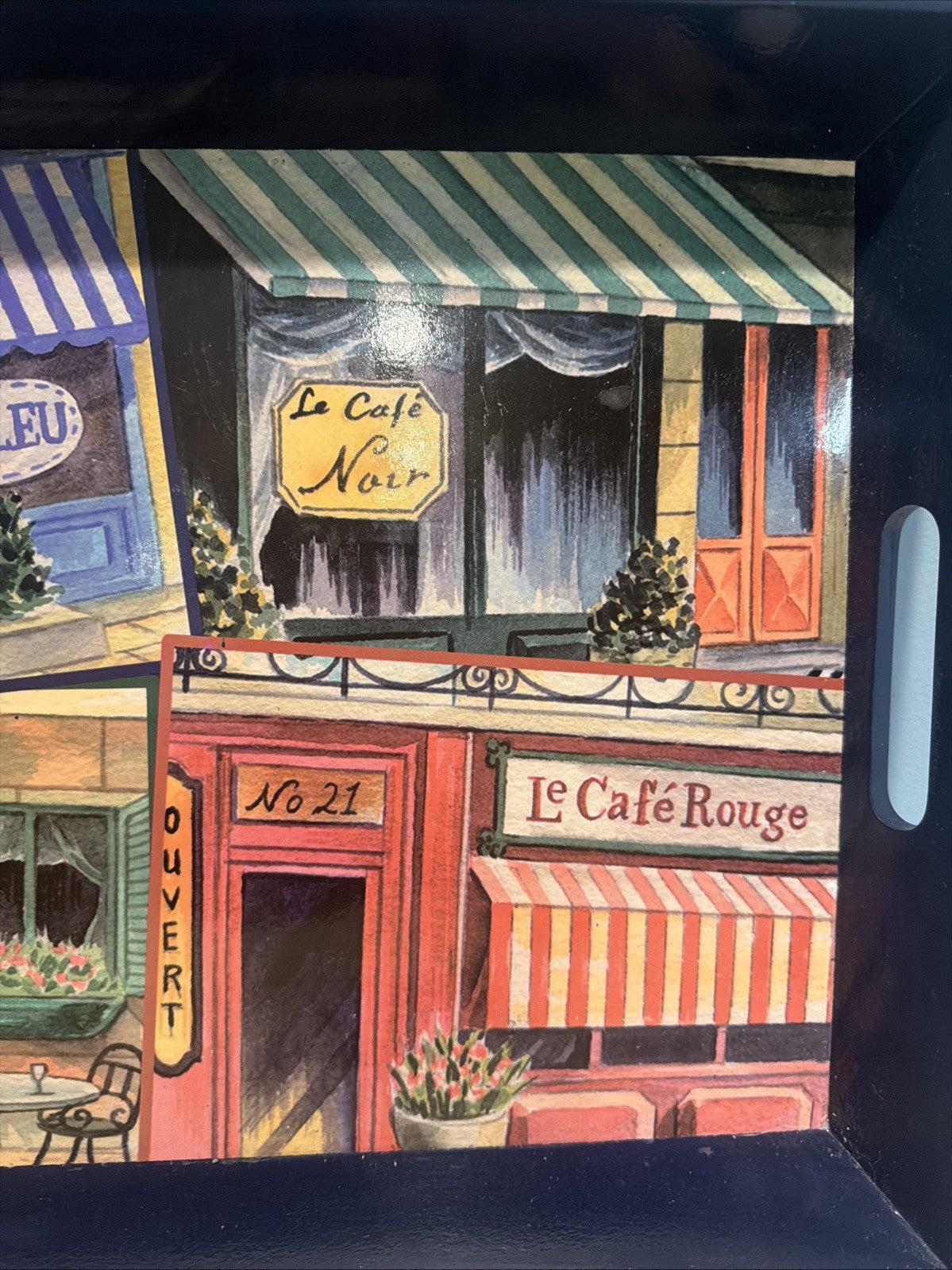 French Street Scene Serving Tray with Navy Blue Handles 14.5" x 9.5"