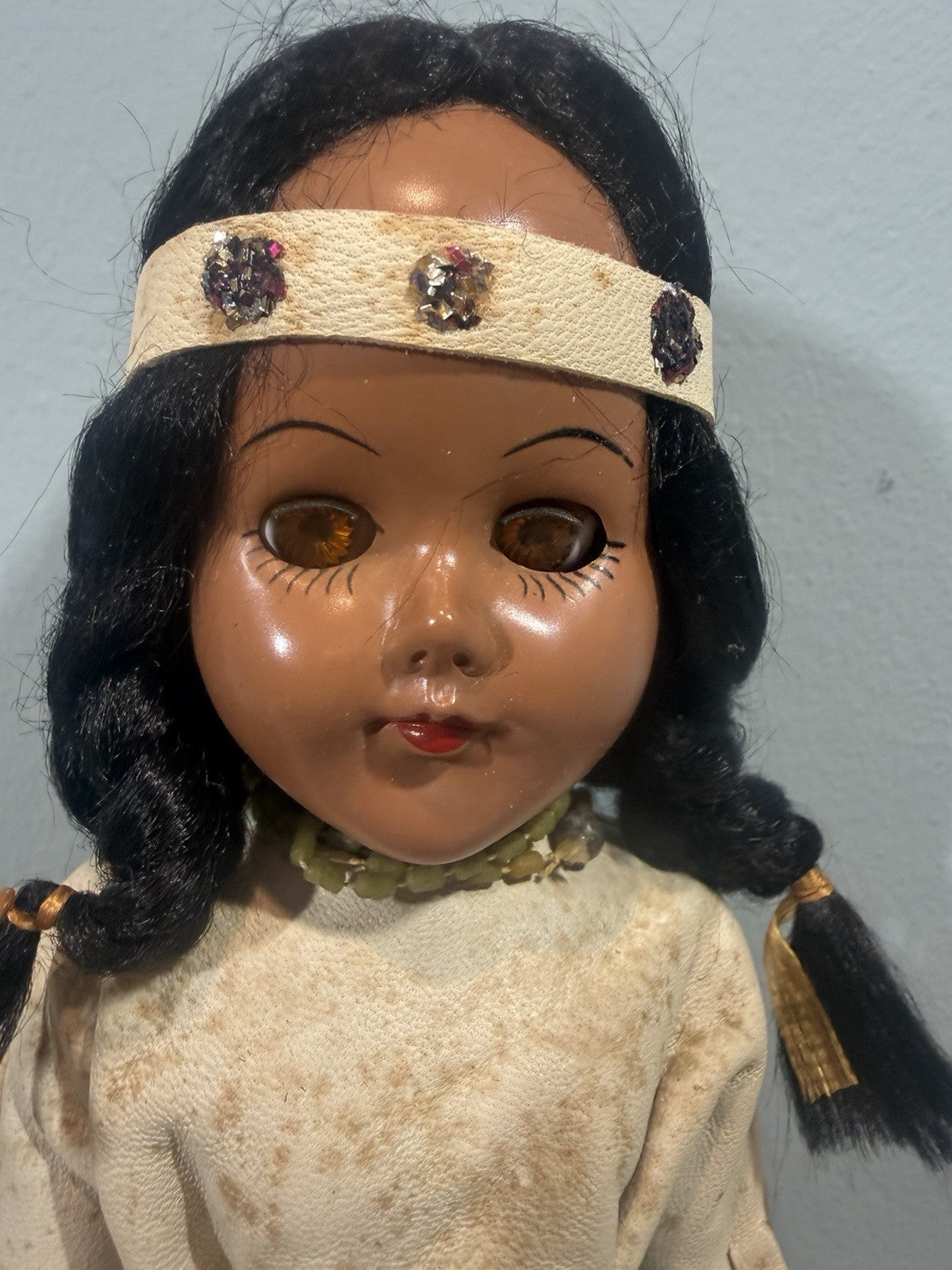 Vintage Native American Doll Sleepy Eyes Leather Beaded Dress 10"