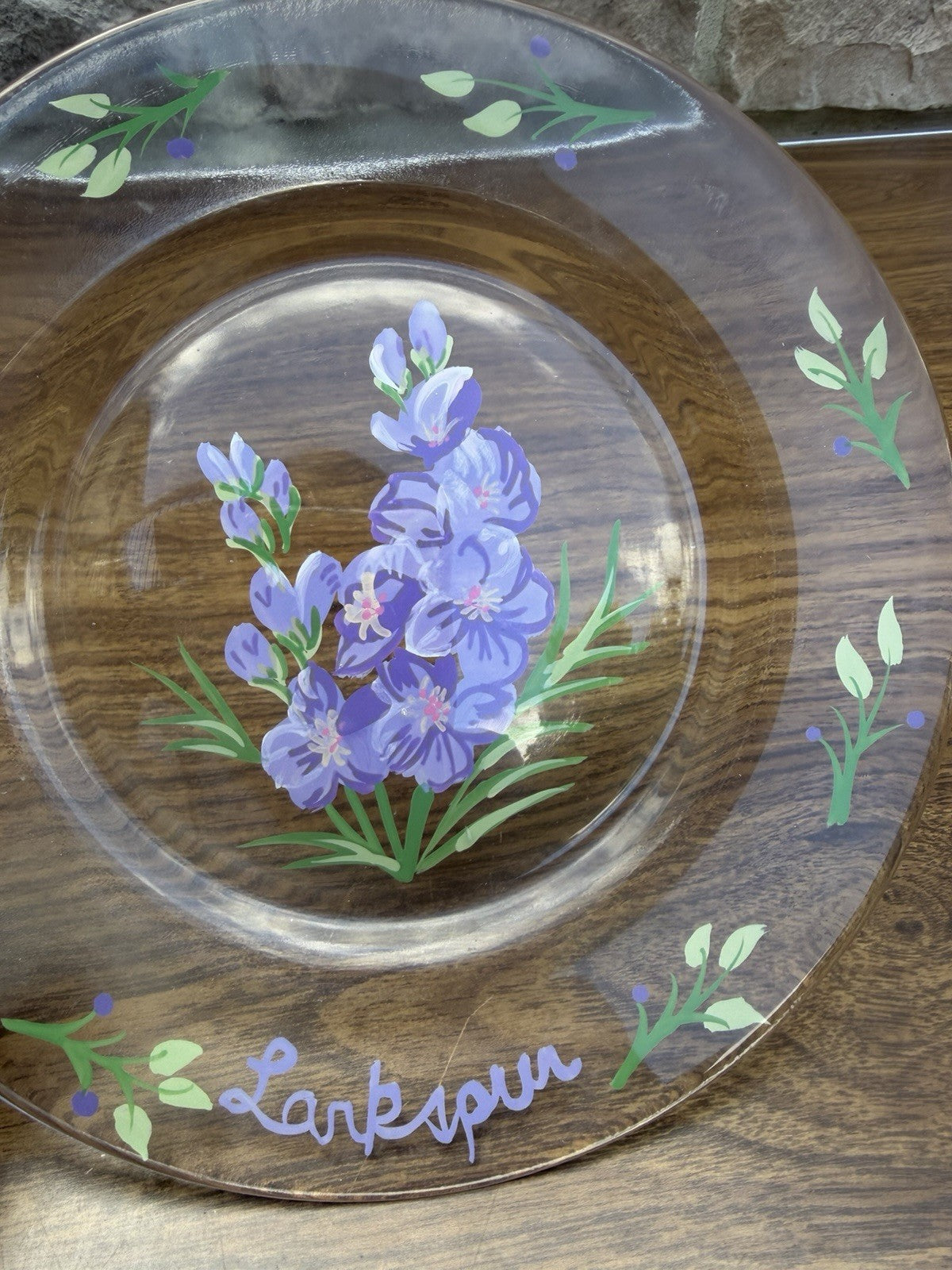 Vintage Reverse Painted Glass Plates Orchid Larkspur Floral Art Set of 2 - 8”