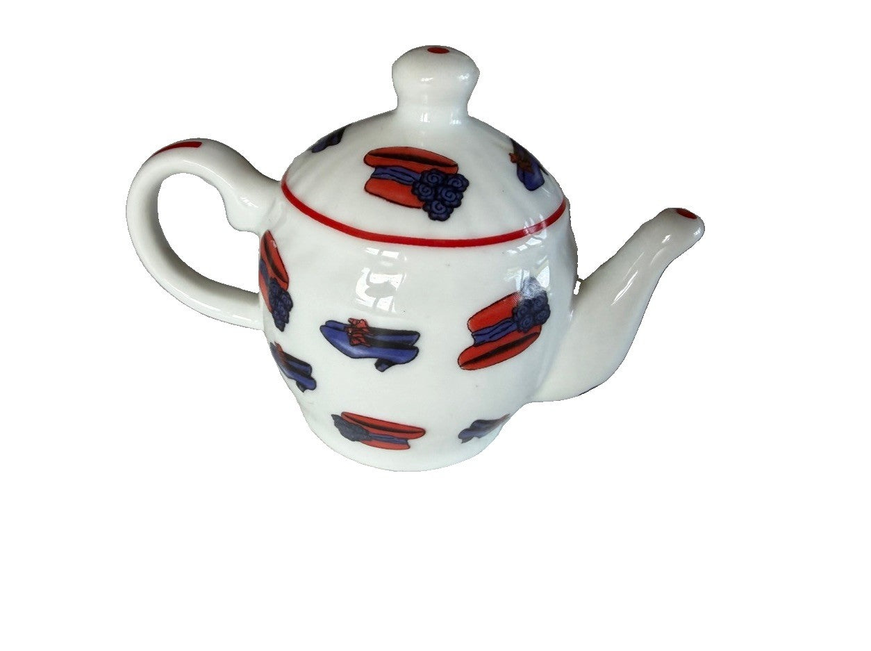 Red Hat Society Miniature Ceramic Teapot Ornament Red Purple Motif Collectible
