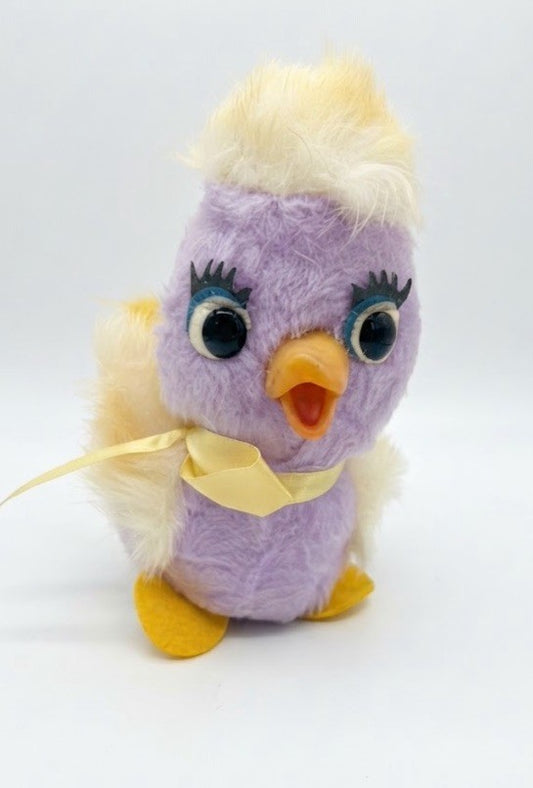 Vintage Lavender Duck Chick Plush Rubber Beak Ribbon Yellow Feathers Toy