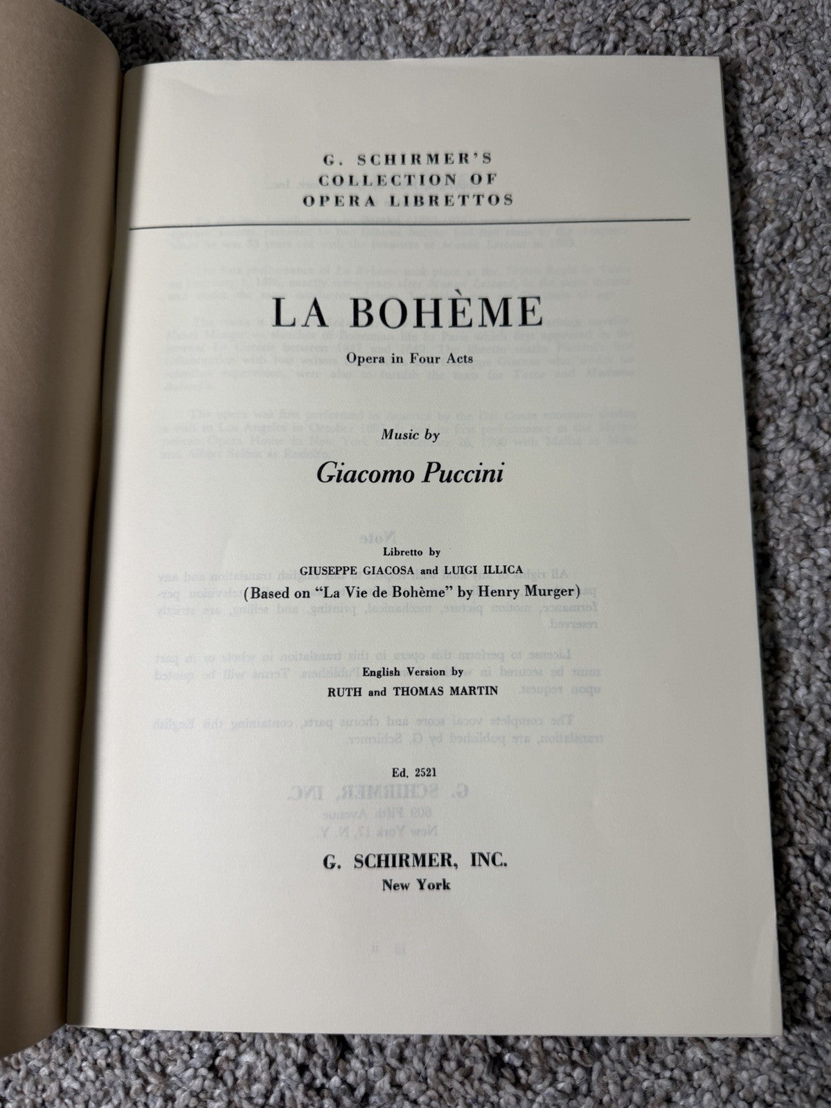 Metropolitan Opera Libretto La Boheme 1954 Vintage Opera Book