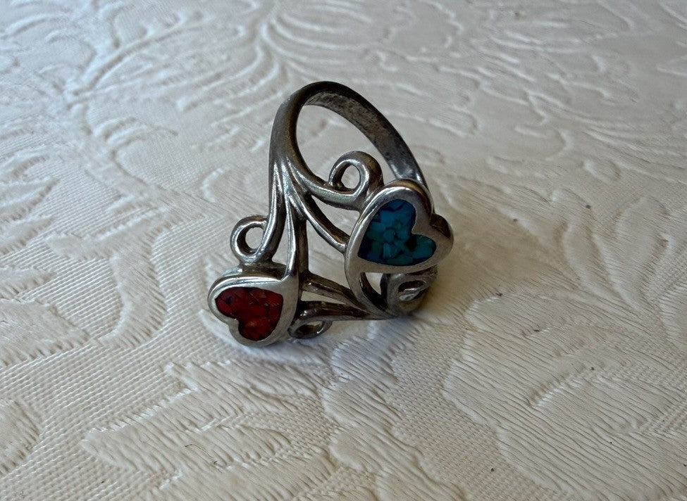 Vintage Hearts Bypass Harvey Era Silver Plated Navajo Turquoise Ring Size 7.5