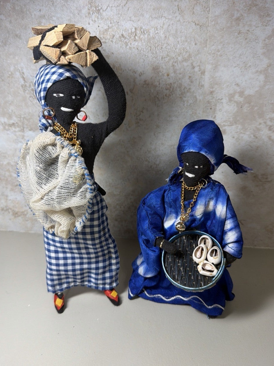 Vintage African Folk Art Cloth Dolls Pair Handmade Wire Figures Traditional